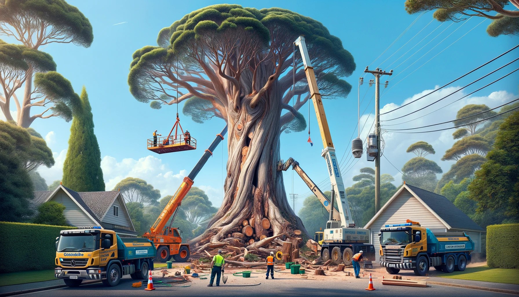 Professional Arborists with Cherry Picker and Crane Conducting a Large Tree Service, Ensuring Safety with Equipment.