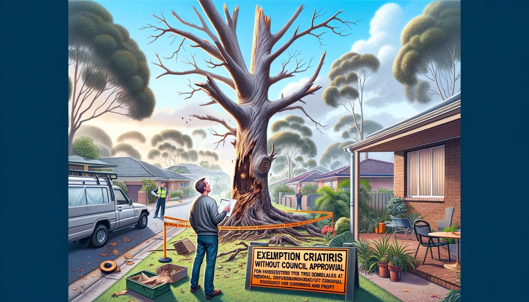 Homeowner in Newcastle Evaluates a Dead Tree's Size, Ready to Submit a Completed Form for Council-exempt Removal, Prioritising Safety.