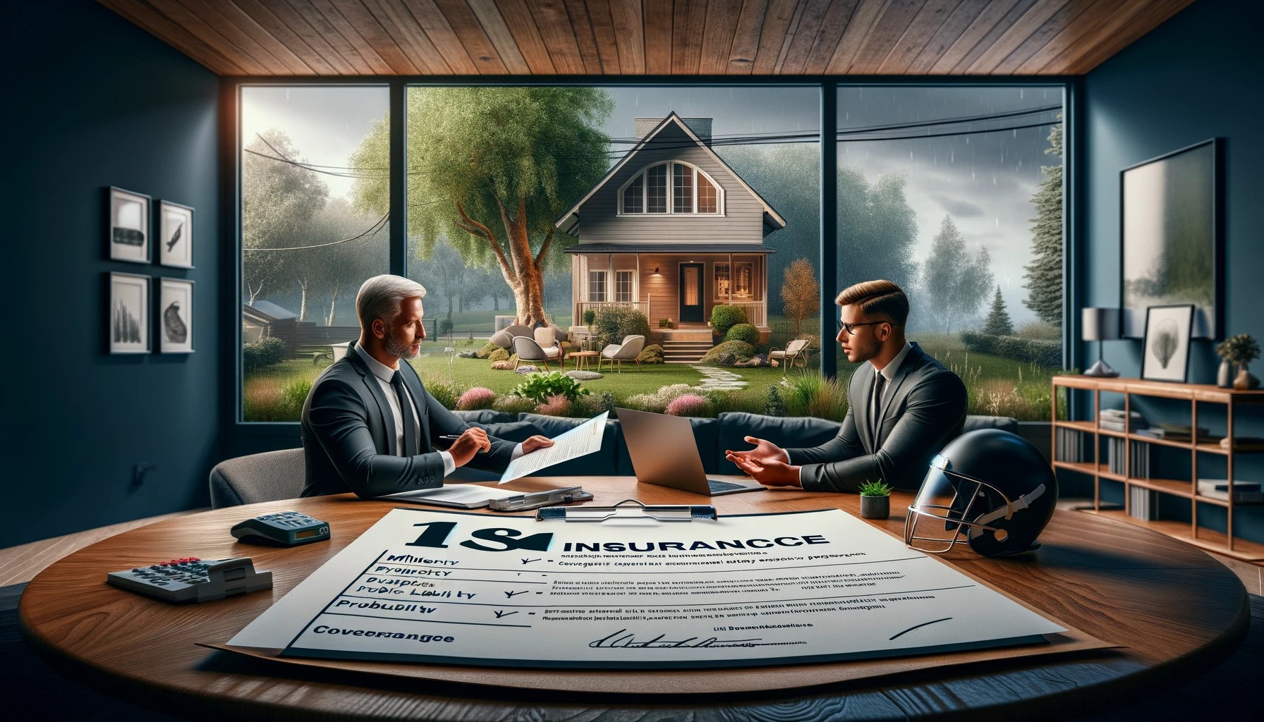 Insurance Agents Discussing Policy Details for Tree Services with a Backdrop of a House and Potential Safety Risk from Tree Felling.