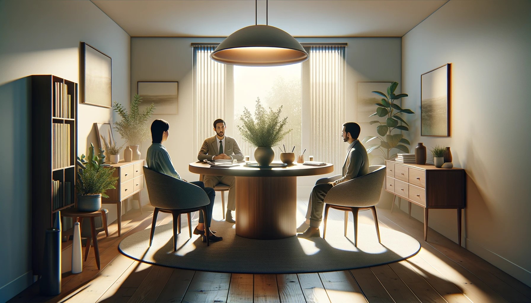 Serene Indoor Meeting with Three Individuals and Central Plant Decor, Perfect for Discussions on Common Law or Neighbour's Land Issues.