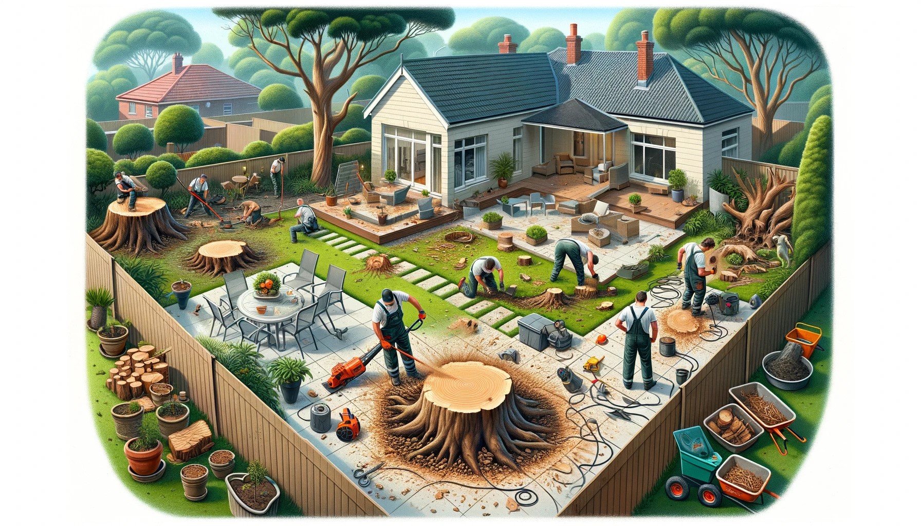 Professional Tree Surgeons Perform Tree Stump Removal, Showcasing Safety Precautions and Specialised Equipment Used in Tree Services.