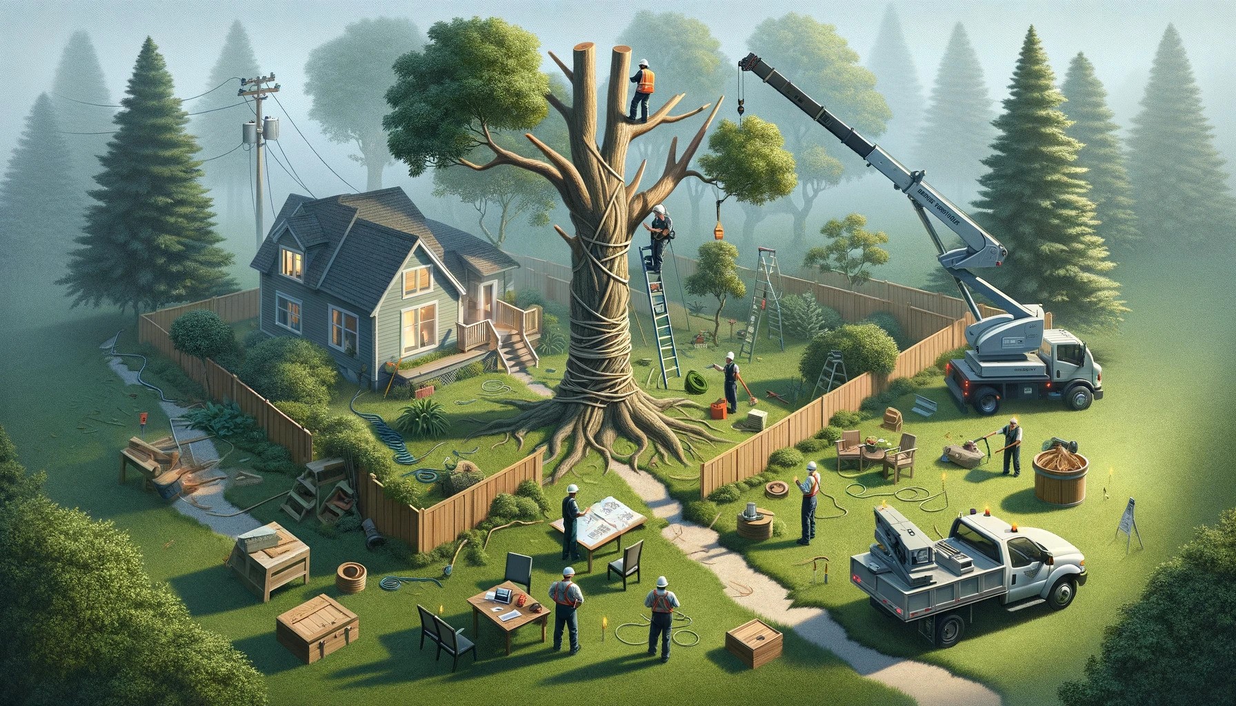 Professional Arborist Team Using Special Equipment for Safe Tree Removal of a Large Conifer, Adhering to Safety Precautions.