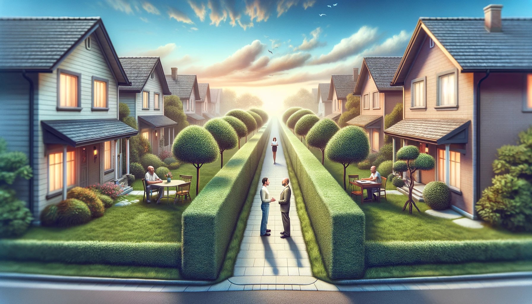 Suburban Street Lined with High Hedges and Manicured Gardens, Showcasing Expert Trimming and Neat Dividing Fences.