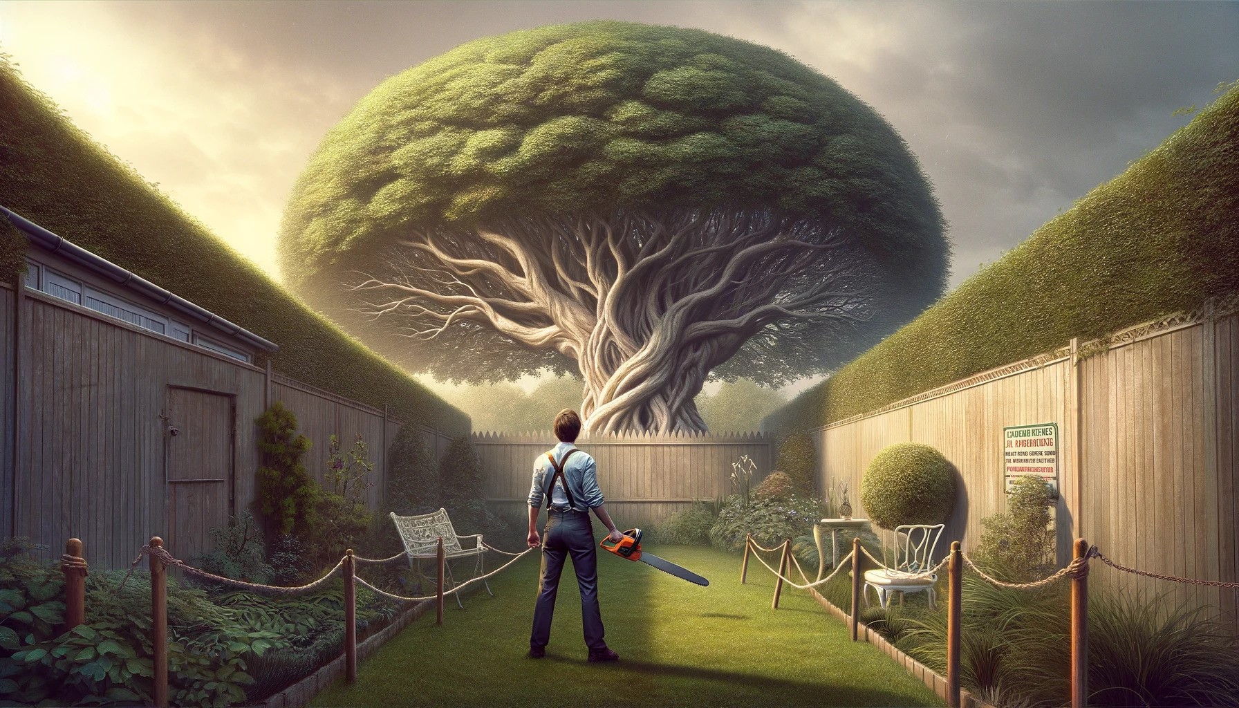 Worker with Chainsaw Admires Massive Tree with Overhanging Leaves, Considering Trees Removed for Garden Sunlight.