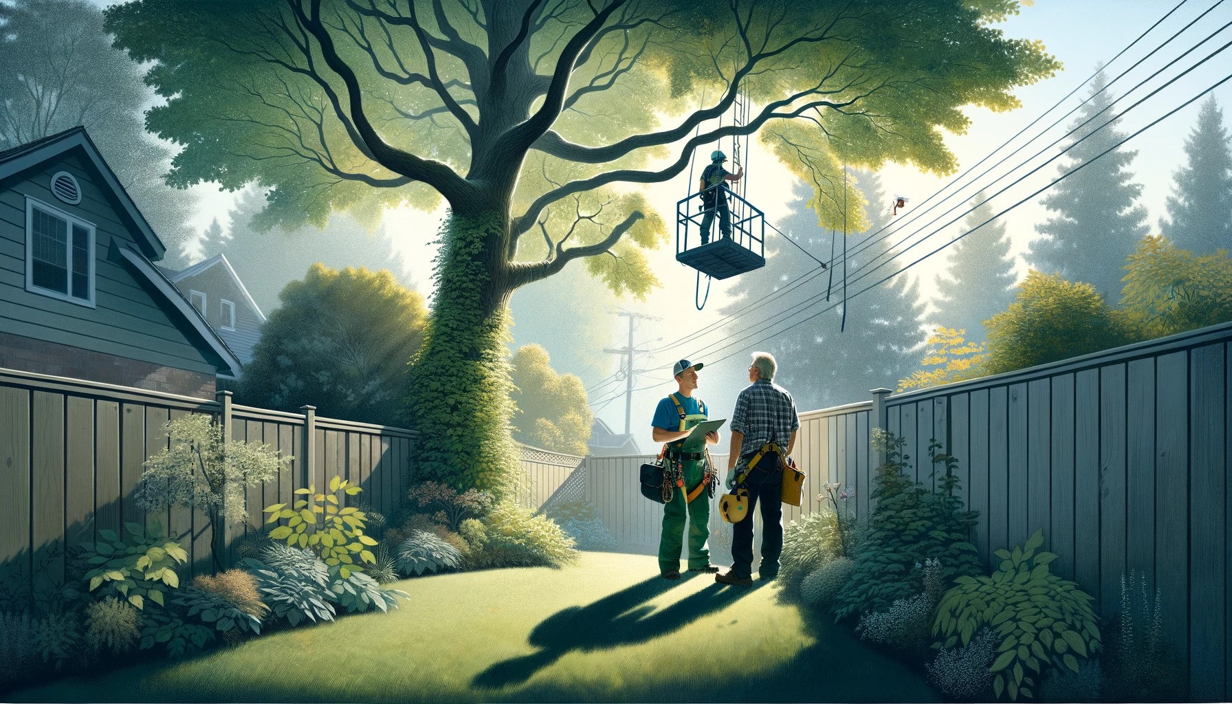 Arborists Discuss Branch Removal to Prevent Severe Obstruction Near a Neighbour's Property to Enhance Safety.