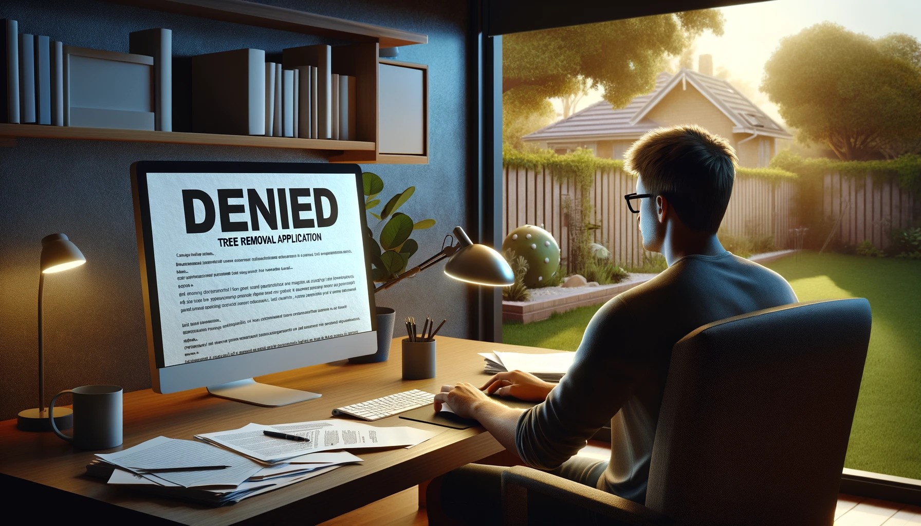 Homeowner in Newcastle Strategises After a Tree Application Denial, Researching Appeals and Alternatives in a Well-lit Study Room.