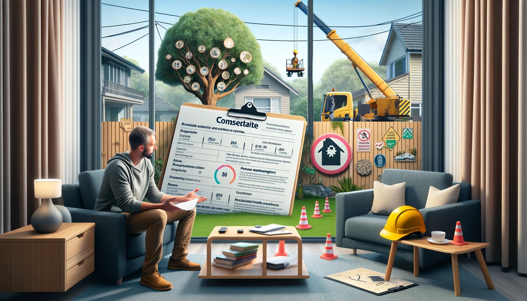 Man Inside Home Reviews Tree Removals Chart While Professional Arborists with Specialised Equipment Work on a Tree Outside.