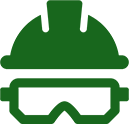 Icon of a Person Wearing a Green Hard Hat and Safety Goggles. the Icon, Representing Local Services, is Simple.